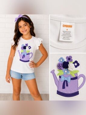 Gymboree Girls White Floral Watering Can Appliqué Tee Size 8 Garden Cottage